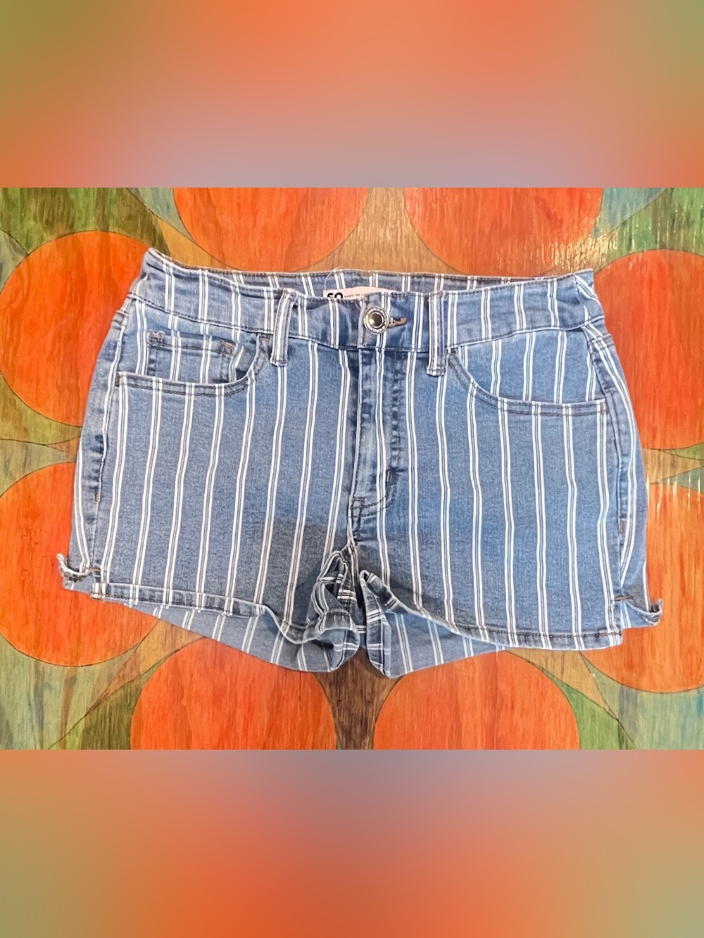 SO Blue White Stripes Shorts size 5/27W Womens Denim Pull On Jeans